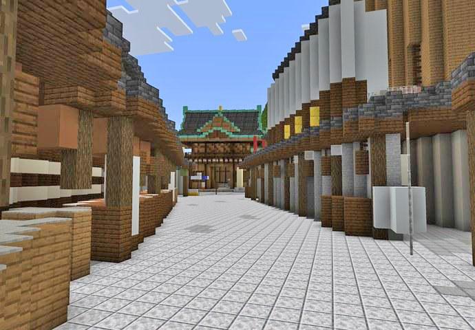 マインクラフトで再現した東京・柴又の参道（制作中の画面）